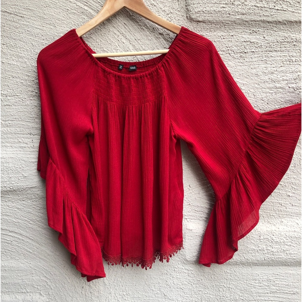 Boho Buys Dark Red, Bell Sleeve Blouse. NWT. Size- S/M